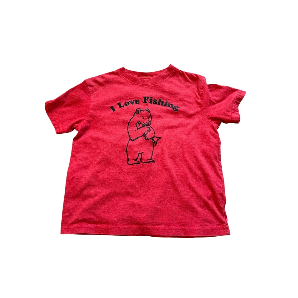 Boys Red "I Love Fishing" Graphic T-Shirt – Bear Print, Size Small (6–7)